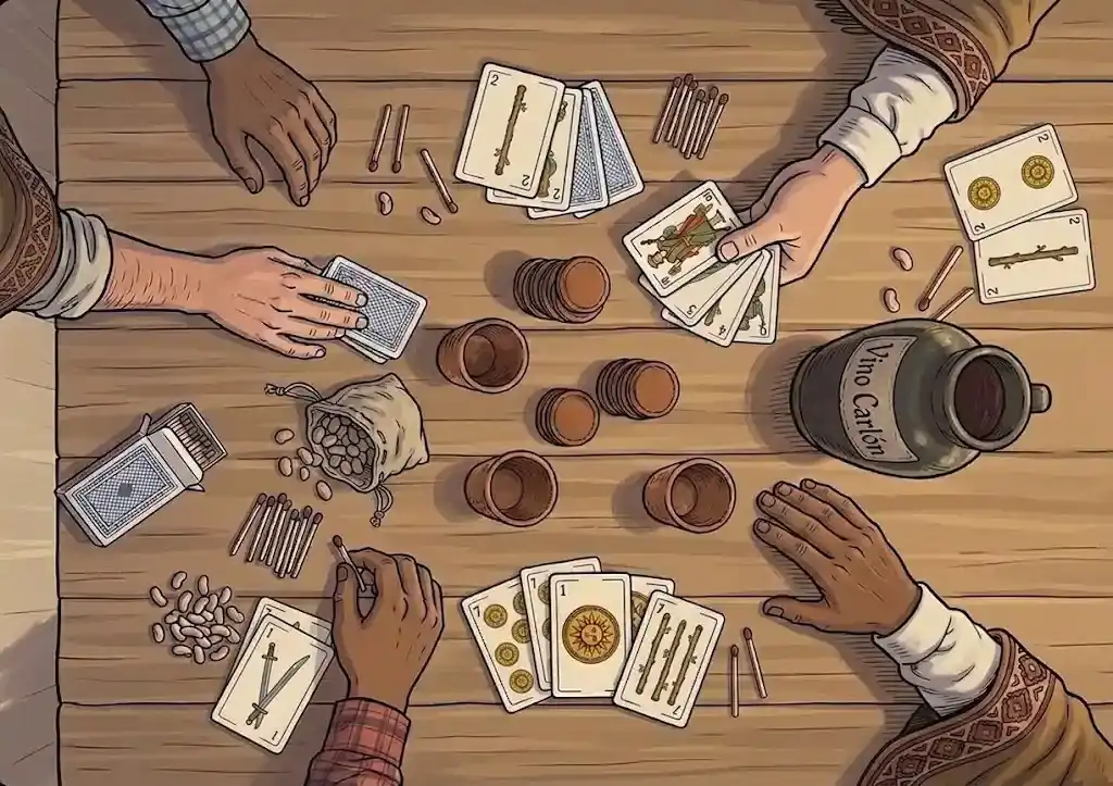 Mesa de pulpería con cartas, tantos y jarra de vino Carlón